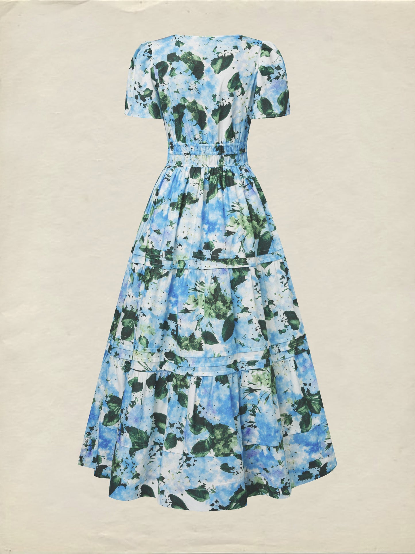 Robe longue en coton, manches courtes, col en V, motif floral, vintage, bleue