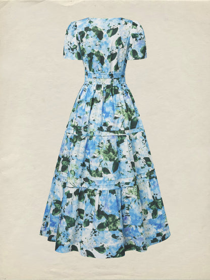 Robe longue en coton, manches courtes, col en V, motif floral, vintage, bleue