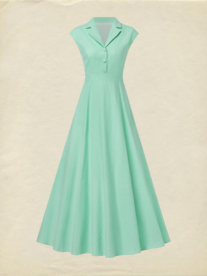 Robe longue en coton, manches courtes, col châle, unie, boutons décoratifs, vintage, vert clair