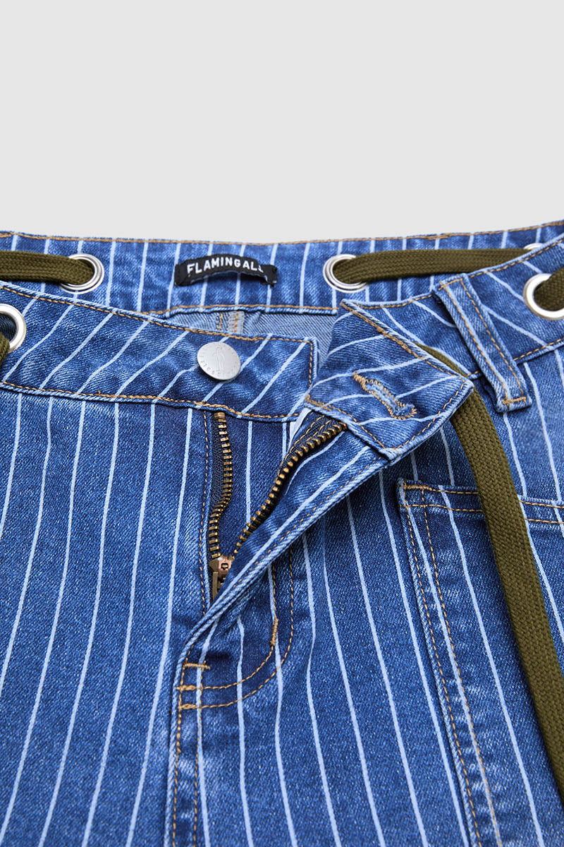 Pinstripe Drawstring Patched Pocket High Waist Straight Leg Crop Jeans