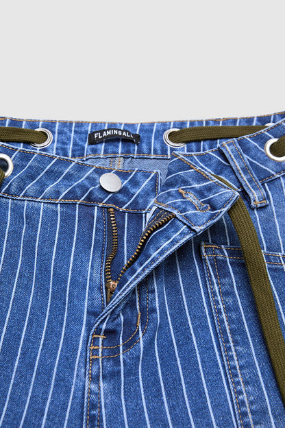 Pinstripe Drawstring Patched Pocket High Waist Straight Leg Crop Jeans
