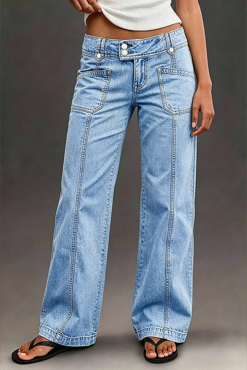 Wash Asymmetrical Stitch Detail Mid Waist Wide Leg Jeans