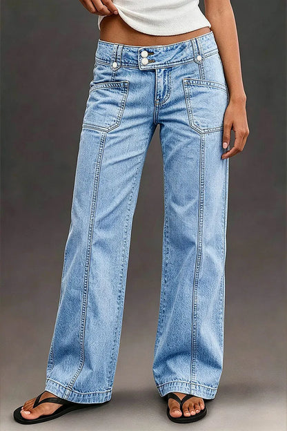 Wash Asymmetrical Stitch Detail Mid Waist Wide Leg Jeans