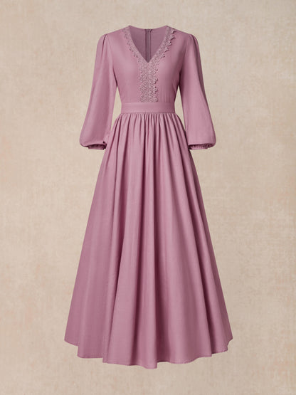 Robe longue en lin, manches longues, col en dentelle, mélange de lin, unie, robe chemise