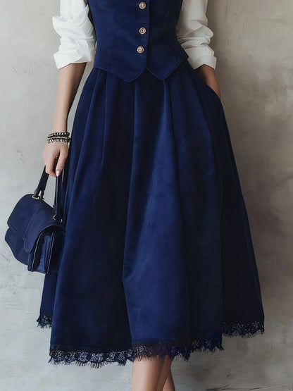 Jupe midi en coton (chemise et gilet non inclus), unie, avec poches, style vintage, verte