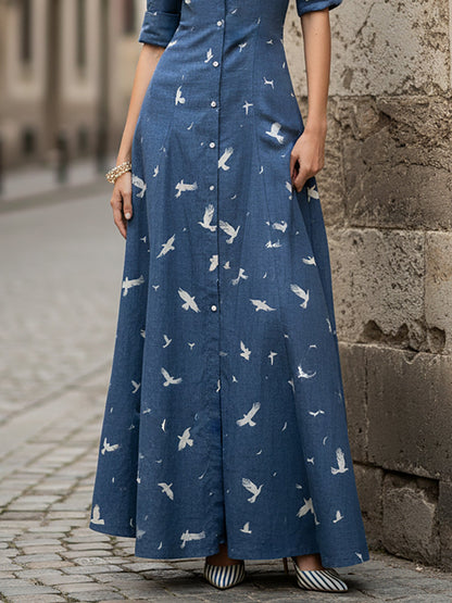 Robe longue en lin, manches longues, col châle, oiseau, boutons décoratifs, vintage, bleue