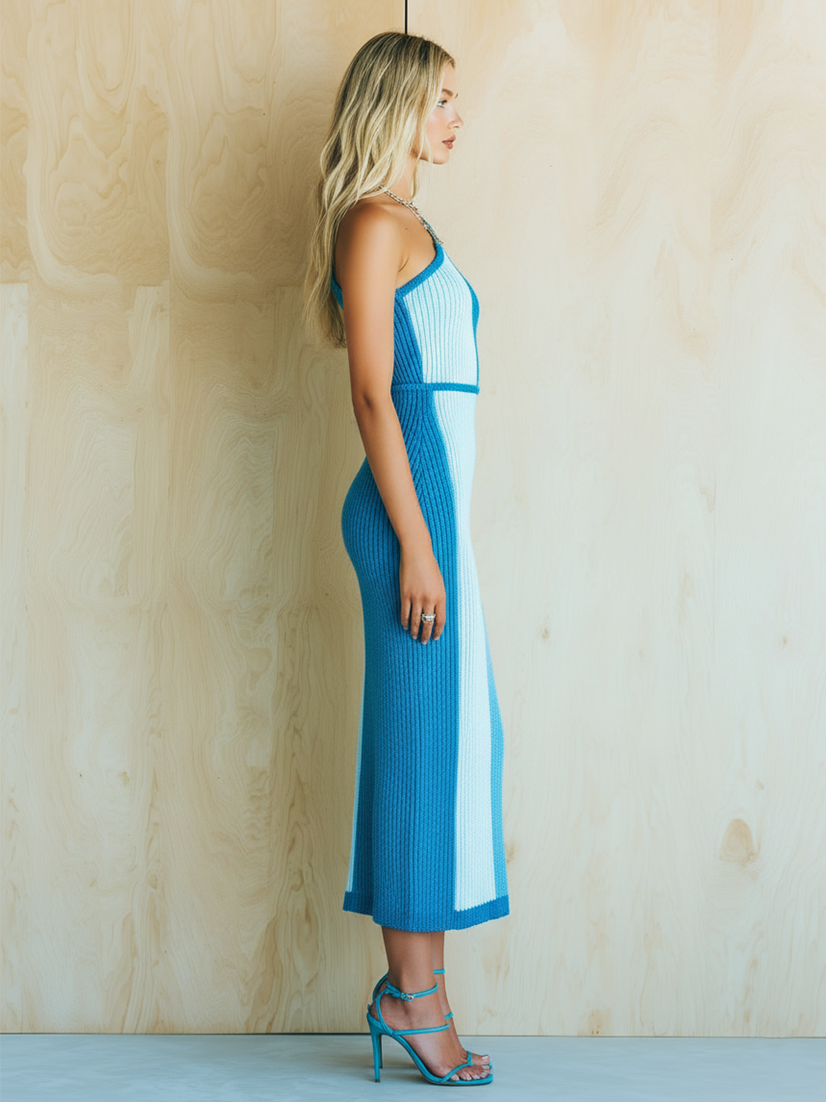 Chic Elegant Blue Colorblock One-Shoulder Sleeveless Slim-Fit Side Slit Ribbed Knit Midi Dress