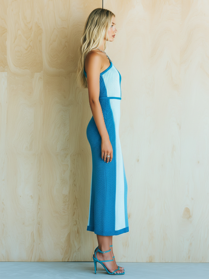 Chic Elegant Blue Colorblock One-Shoulder Sleeveless Slim-Fit Side Slit Ribbed Knit Midi Dress