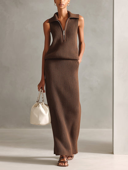 Chic Elegant Coffee Zipper-Up Lapel V-Neck Sleeveless Loose-Fit Vest And Bodycon Maxi Skirt Ribbed Knit Two-Piece Set