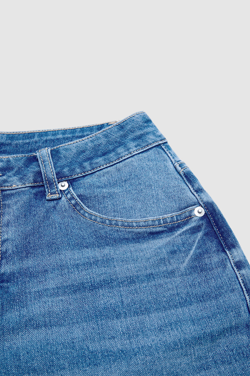 Wash Raw Hem Ripped Mid Waist Straight Leg Crop Jeans Without Belt