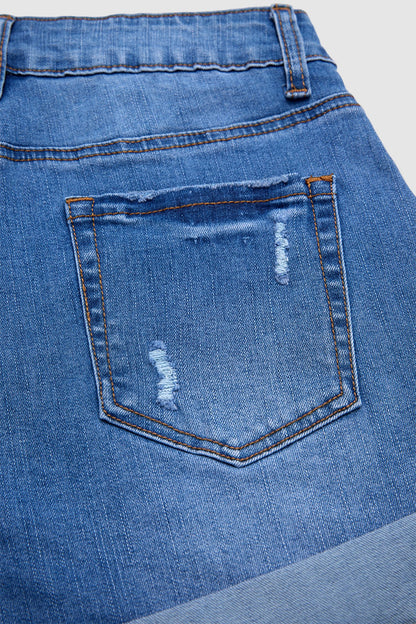 Roll Hem Button Tab Ripped Mid Waist Denim Shorts