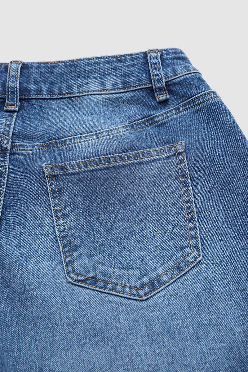 Wash Studded Hem Patch Pocket Mid Rise Mid Thigh Denim Shorts