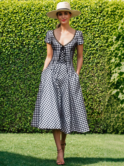 Robe midi en coton, manches courtes, col en dentelle, carreaux, vintage, blanc