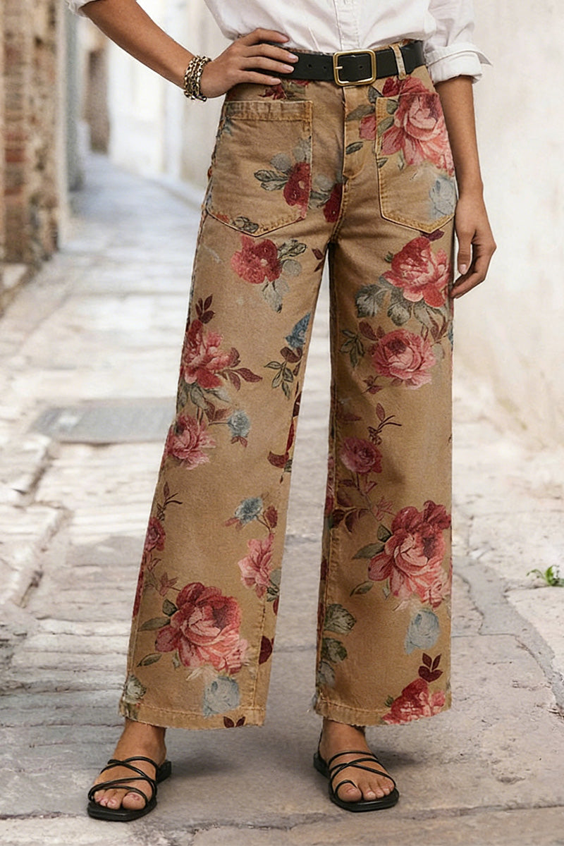 Floral Print Patch Pocket High Rise Straight Leg Pants Without Belt