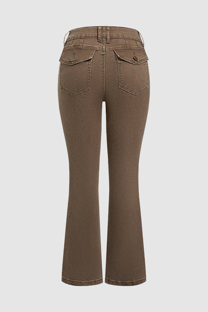 Flap Pocket Stitch Detail Mid Waist Flared Pants Without Belt