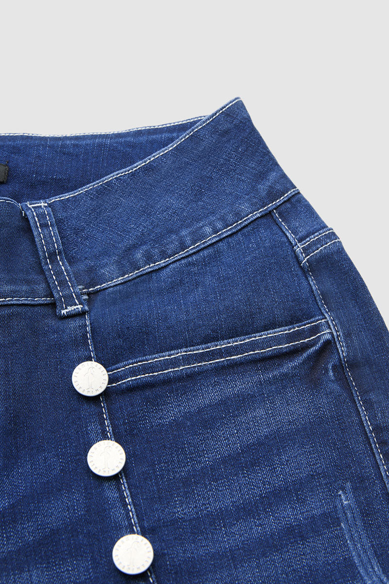 Wash Sailor Button Patch Pocket Mid Rise Bootcut Jeans