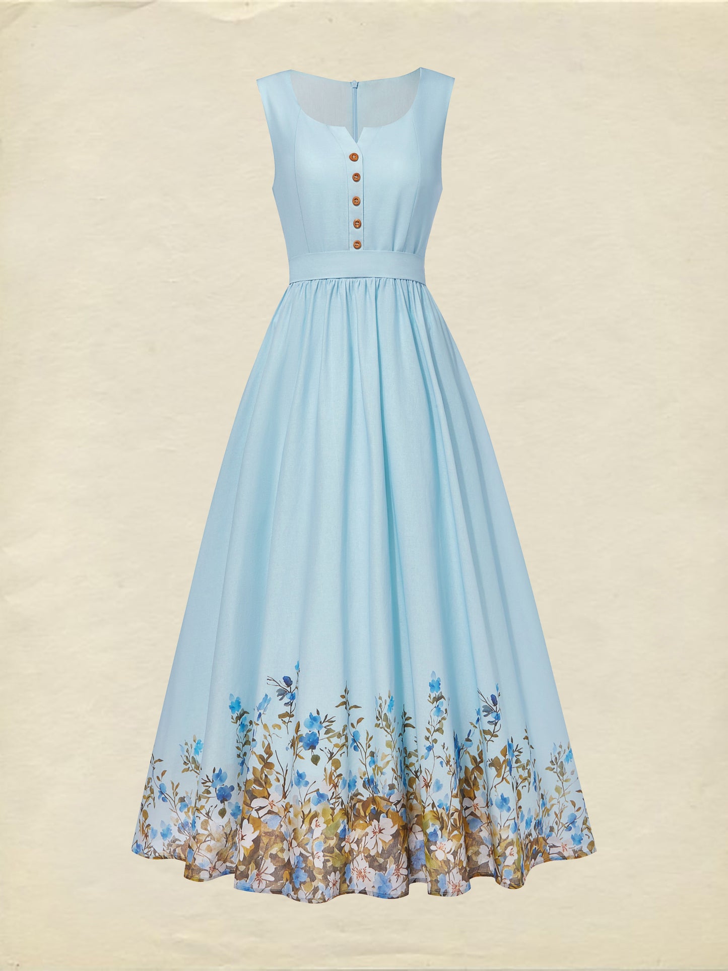 Robe longue en lin, sans manches, col rond, motif floral, boutonnée, style vintage français, bleu ciel