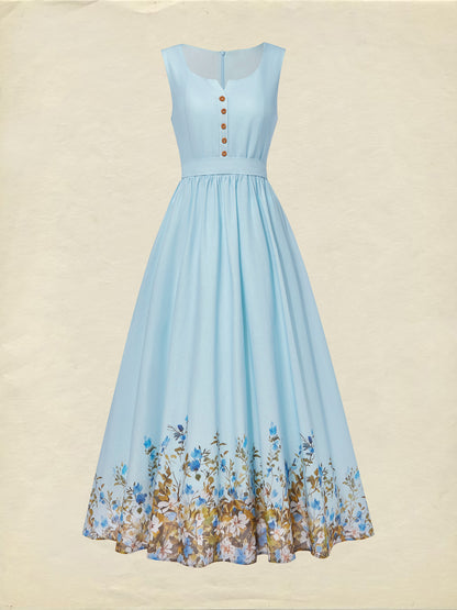 Robe longue en lin, sans manches, col rond, motif floral, boutonnée, style vintage français, bleu ciel