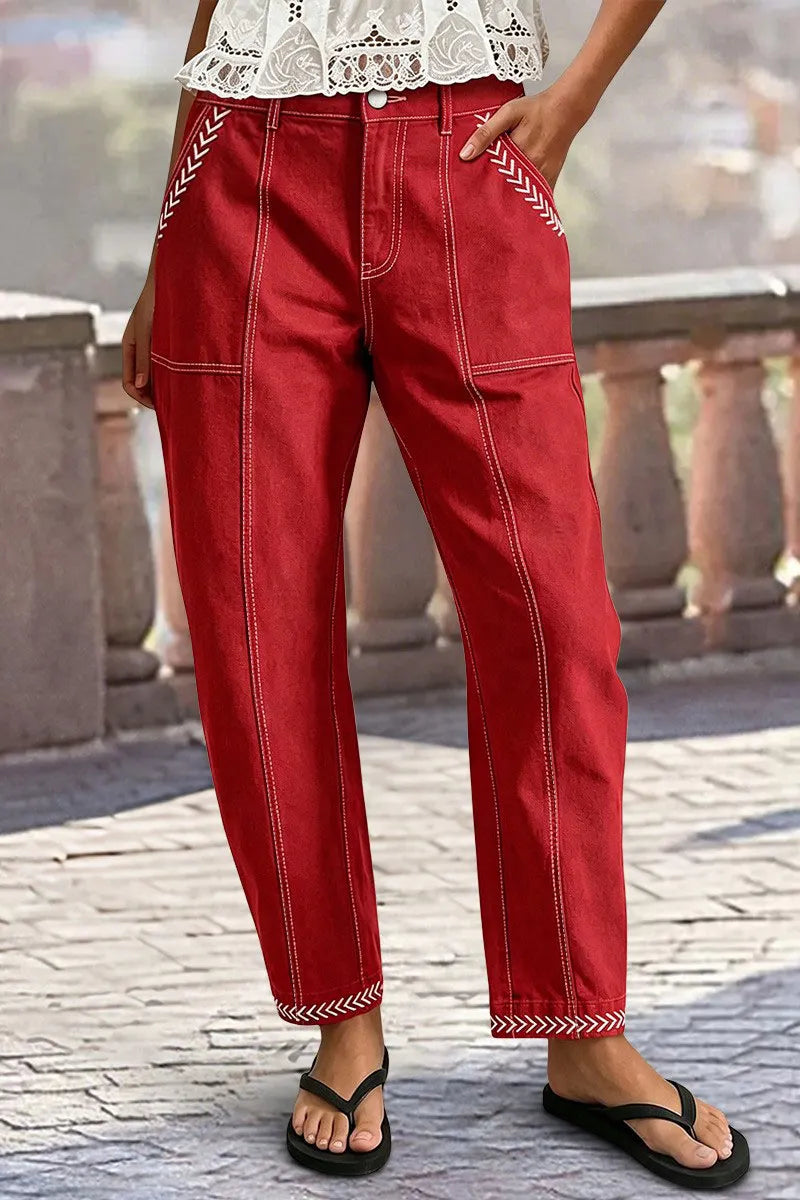 Contrast Stitch Mid Rise Barrel Leg Crop Pants