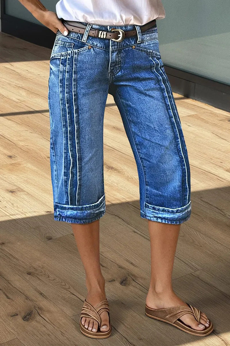 Wash Stitch Detail Mid Waist Straight Leg Capri Jeans Without Belt
