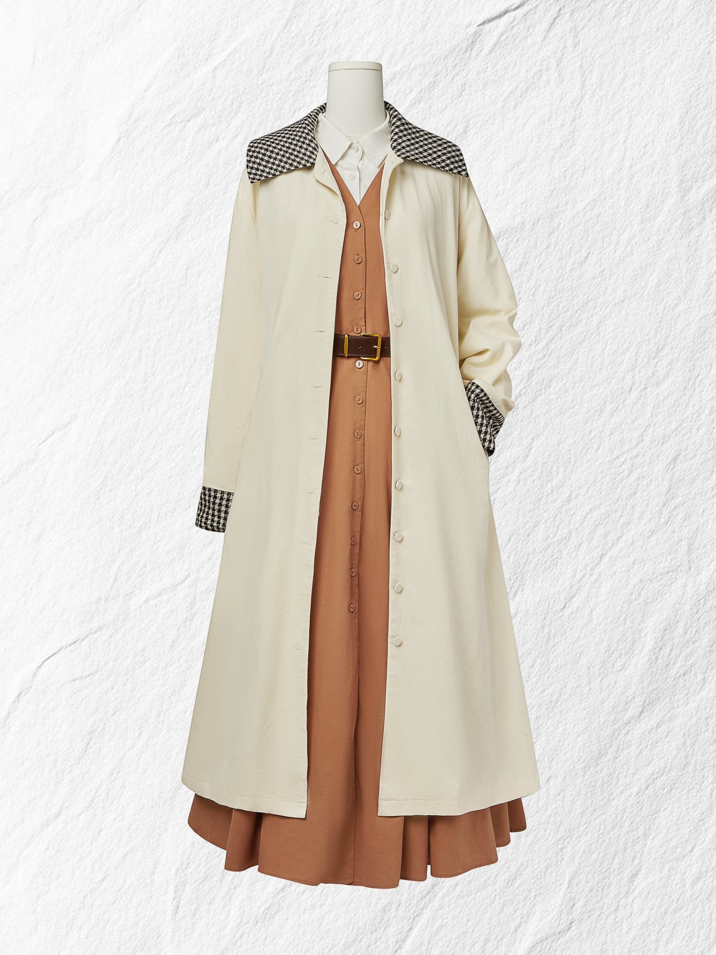 Ensemble Robe Longue Lin & Chemise, Manches Longues, Col Châle, Uni, Boutonné, Vintage Français, Marron Clair