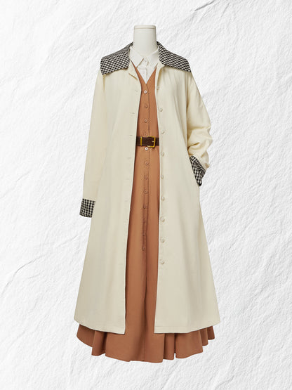 Ensemble Robe Longue Lin & Chemise, Manches Longues, Col Châle, Uni, Boutonné, Vintage Français, Marron Clair