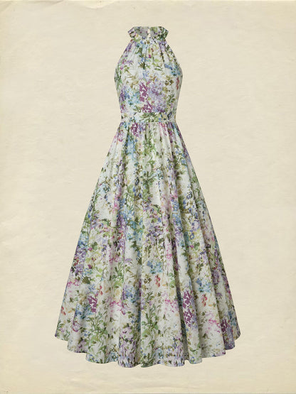 Robe longue en coton, sans manches, dos nu, motif floral, vacances, vintage, blanc