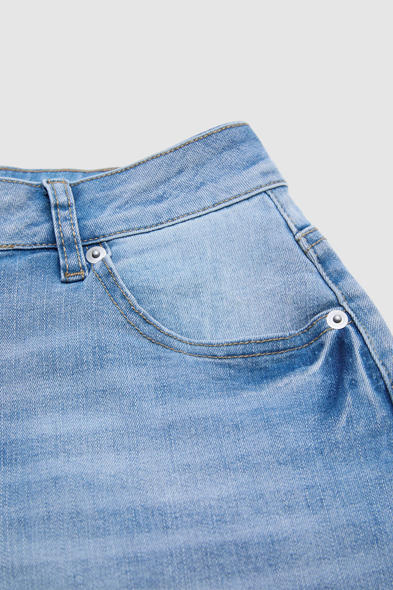 Floral Embroidery Scallop Trim Mid Rise Denim Bermuda Shorts