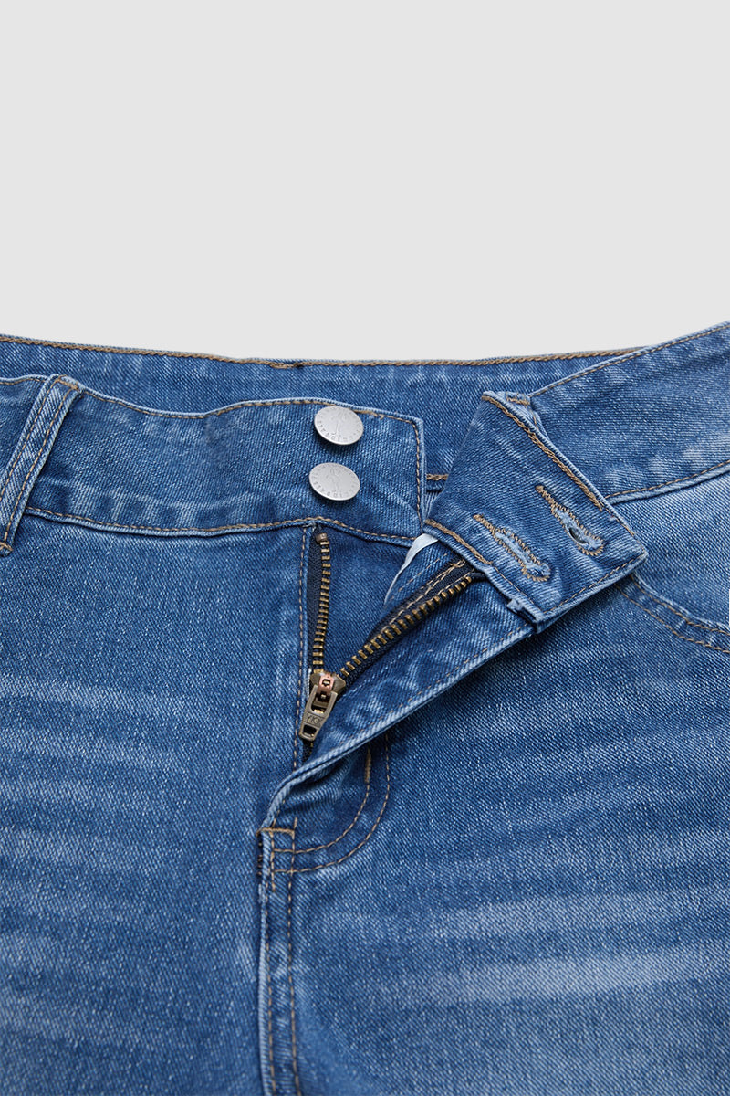 Wash Raw Hem Dual Button Mid Rise Mid Thigh Denim Shorts