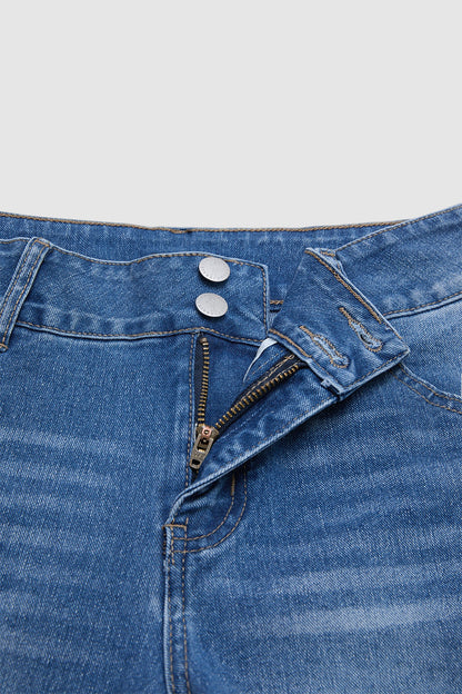 Wash Raw Hem Dual Button Mid Rise Mid Thigh Denim Shorts