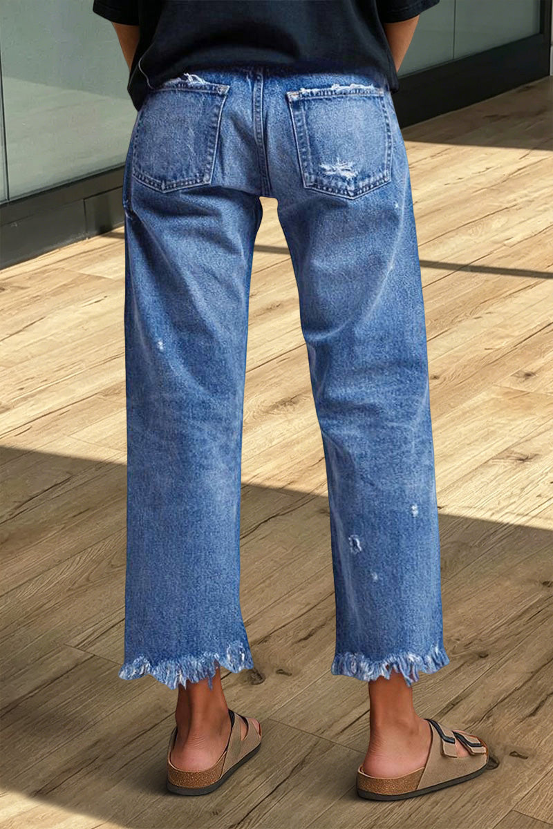 Wash Raw Hem Ripped Mid Rise Crop Straight Leg Jeans