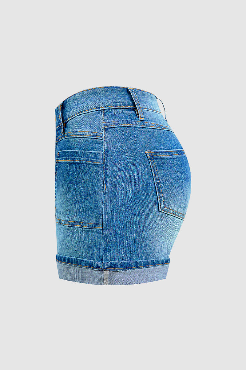 Wash Roll Hem Patch Pocket High Rise Denim Shorts