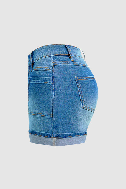Wash Roll Hem Patch Pocket High Rise Denim Shorts