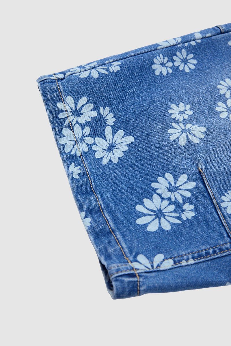 Floral Print Drawstring Mid Waist Denim Bermuda Shorts