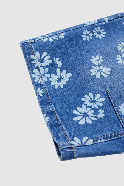 Floral Print Drawstring Mid Waist Denim Bermuda Shorts