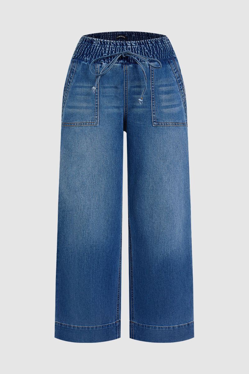 Wash Patch Pocket Tie Front Shirred High Rise Wide Leg Jeans
