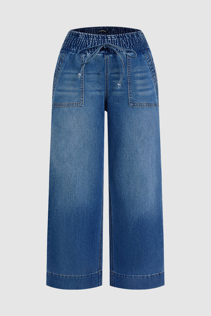 Wash Patch Pocket Tie Front Shirred High Rise Wide Leg Jeans