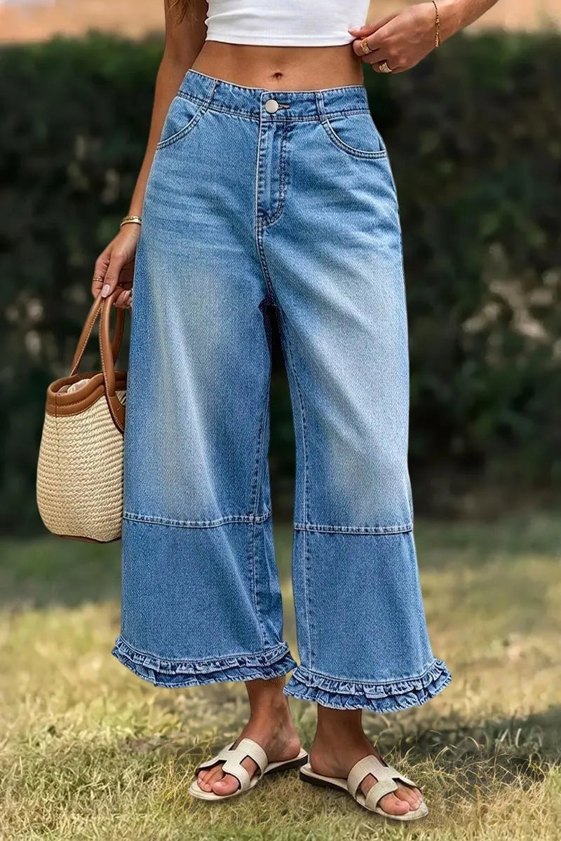 Wash Stitch Detail Ruffle Hem Mid Rise Wide Leg Crop Jeans