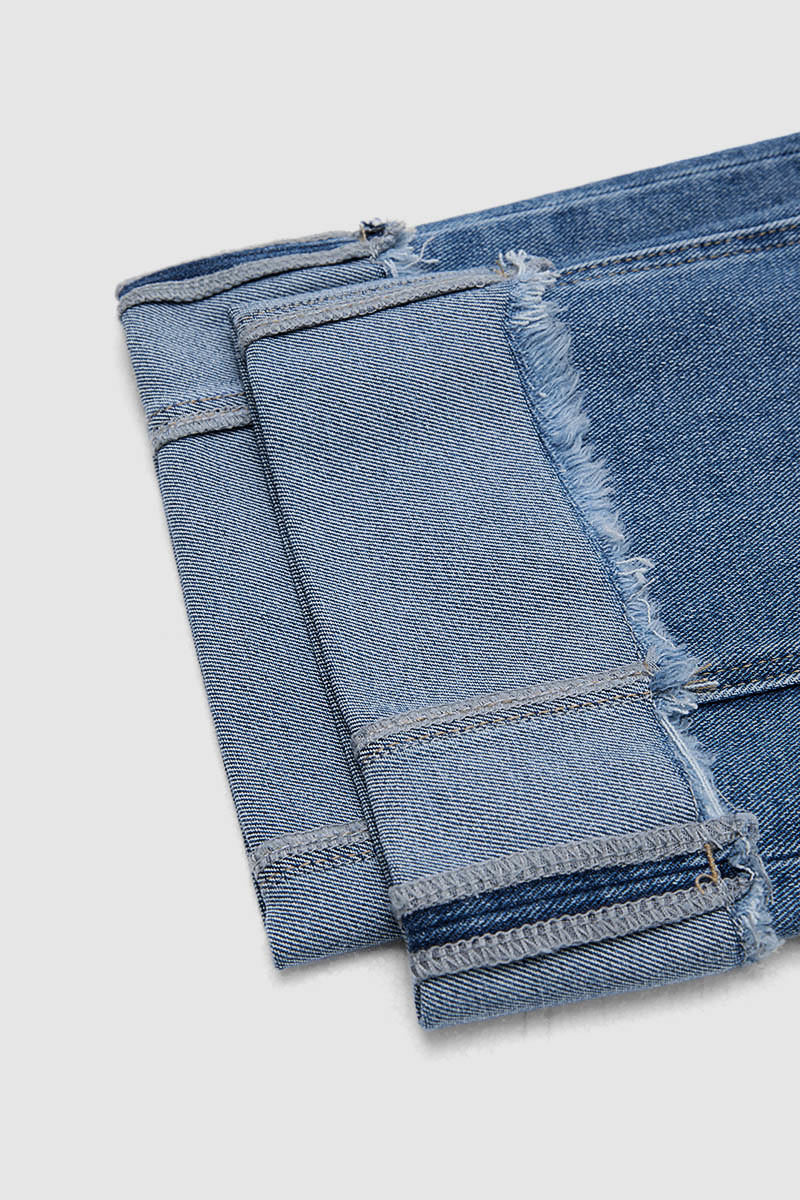 Wash Seam Front Roll Raw Hem Mid Rise Straight Leg Crop Jeans Without Belt