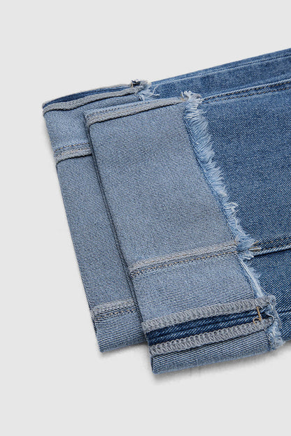 Wash Seam Front Roll Raw Hem Mid Rise Straight Leg Crop Jeans Without Belt