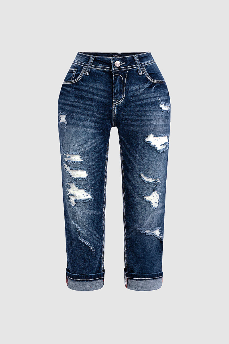 Ripped Roll Hem Wash Stretchy Low Waist Capri Jeans