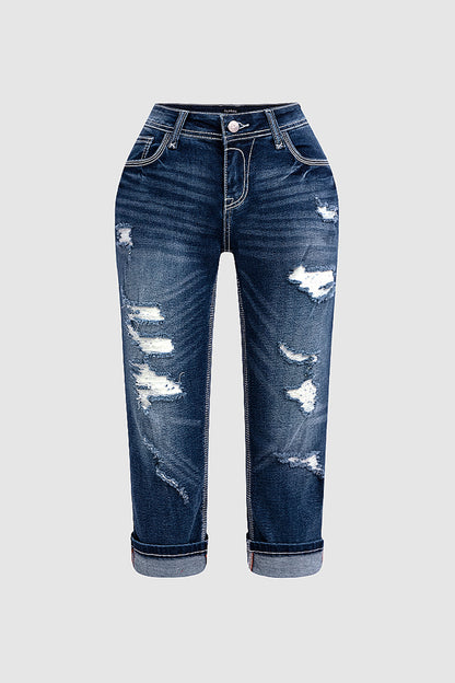 Ripped Roll Hem Wash Stretchy Low Waist Capri Jeans