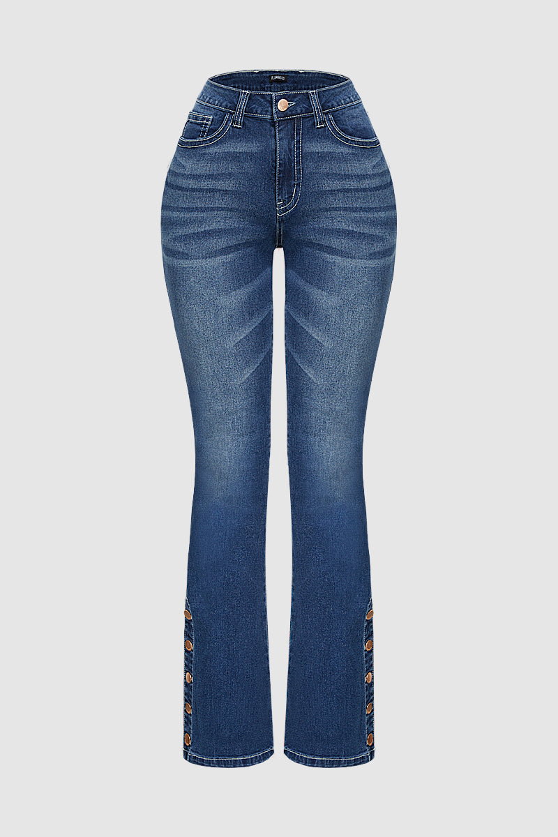 Wash Mid Waist Buttoned Hem Bootcut Jeans Without Belt