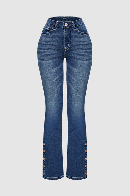 Wash Mid Waist Buttoned Hem Bootcut Jeans Without Belt