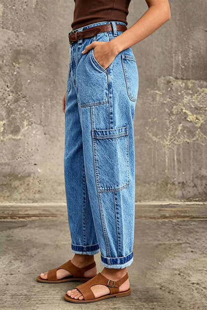 Wash Patch Pocket Roll Hem High Rise Crop Tapered Jeans Without Belt