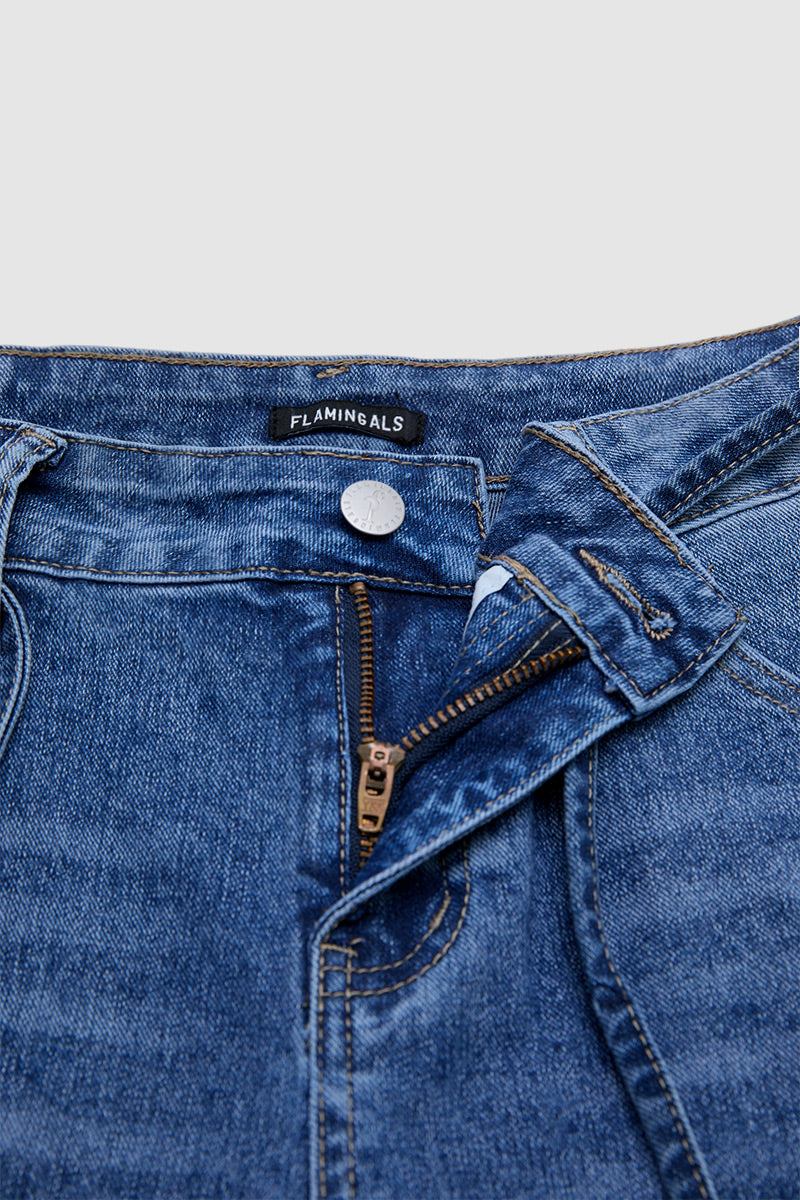 Wash Flap Pocket Roll Hem Belted High Rise Denim Bermuda Shorts