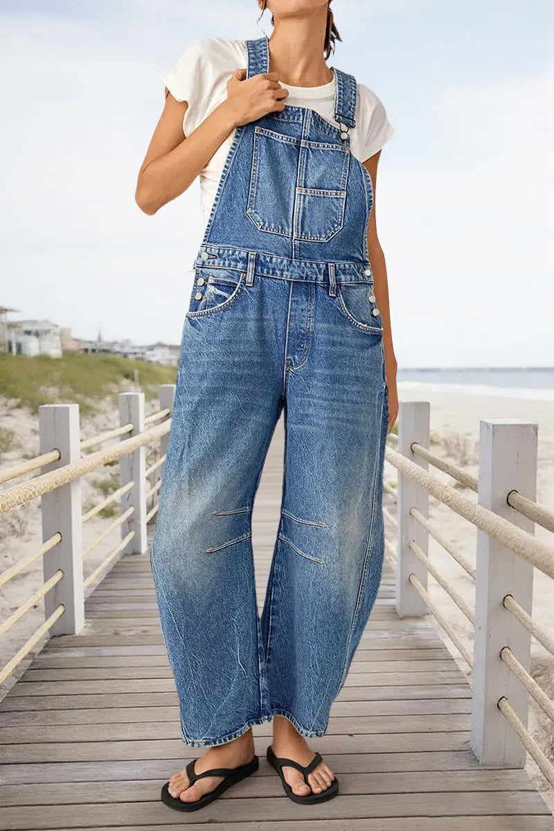 Stitch Detail Button Side Barrel Leg Denim Crop Overalls