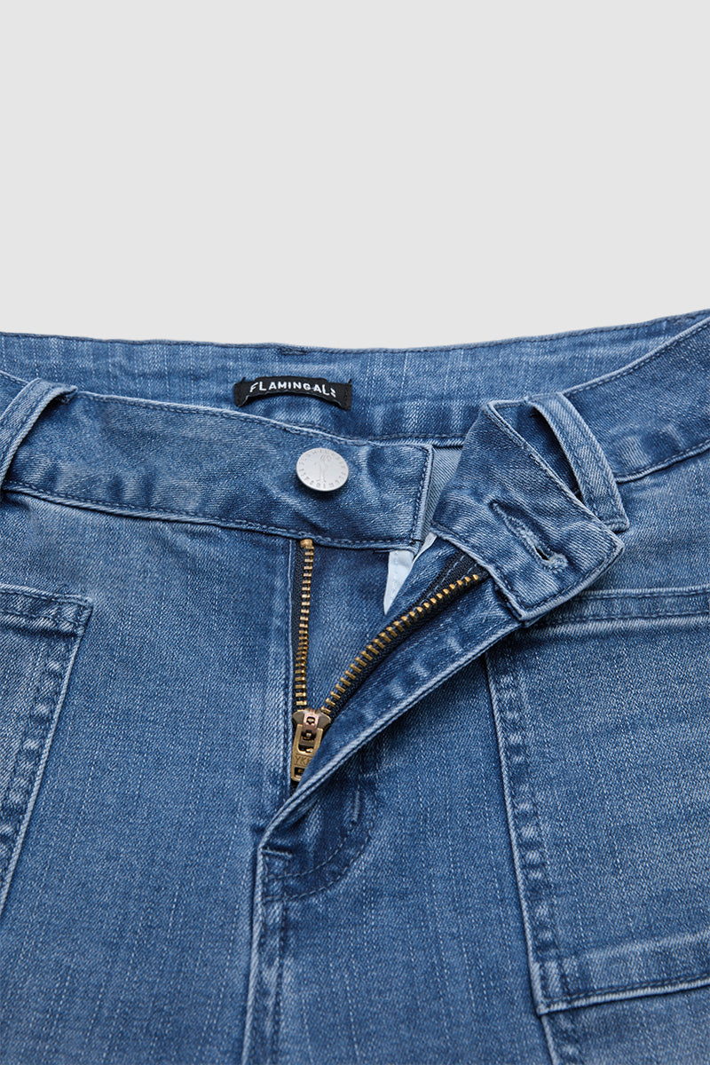 Wash Patch Pocket Raw Hem High Rise Straight Leg Capri Jeans