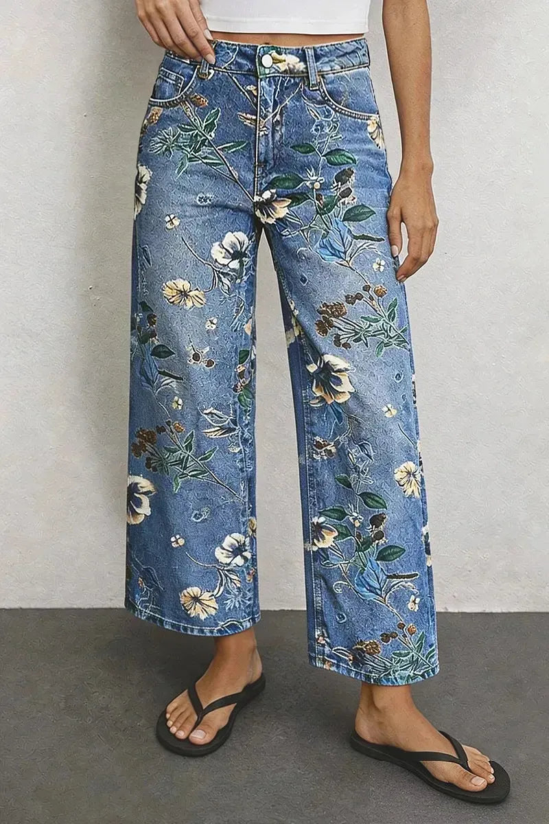 Allover Floral Pattern Straight Leg High Rise Crop Jeans