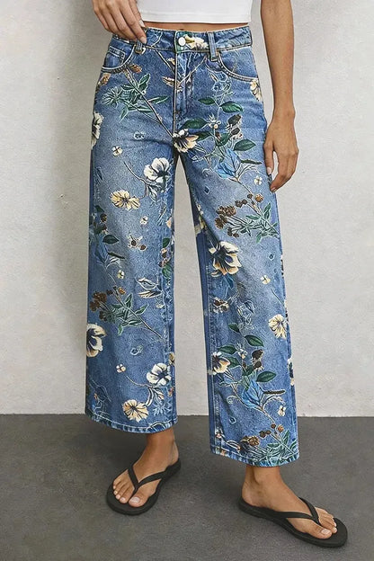 Allover Floral Pattern Straight Leg High Rise Crop Jeans